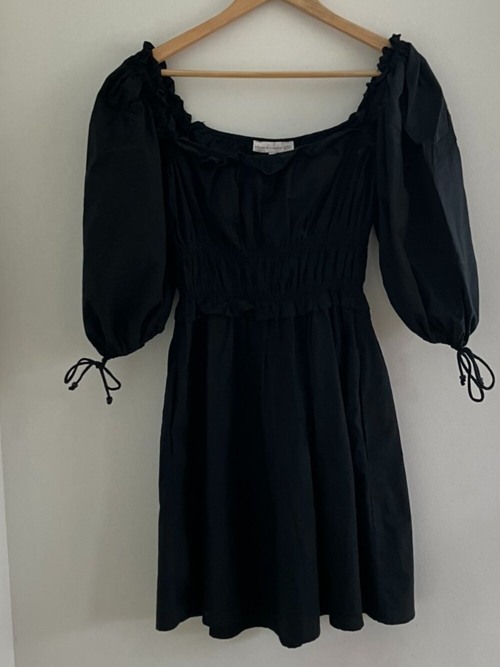 House of Harlow Black Peasant Dress with Square Neck and Puffed Sleeves, Size S
